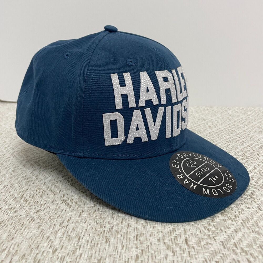 Harley Davidson Mens Fitted 7 5/8 Baseball Cap Blue Large Spellout NWT